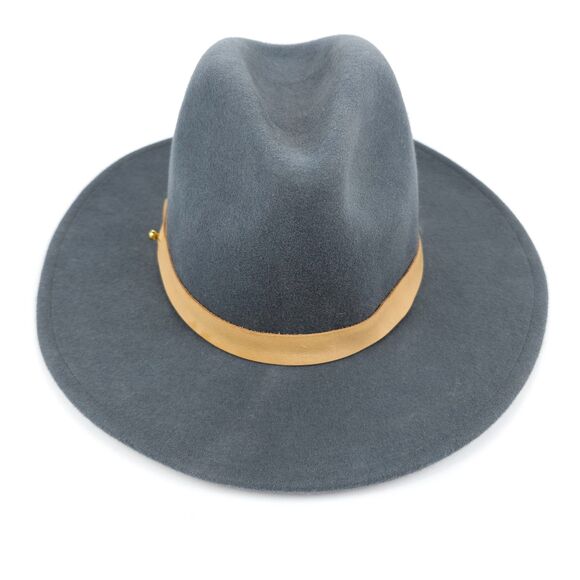 A LACK OF COLOR Rocco Wool Fedora Western Cowgirl Boho Hat Gray Tan Leather 57cm - Picture 1 of 11